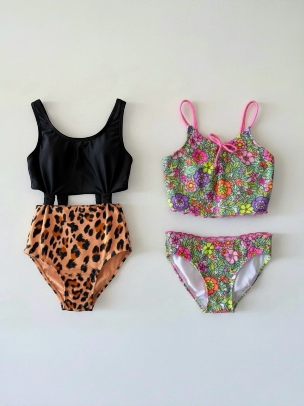 Cat & Jack Art Class Swimsuit Bundle Girls 4/5 Floral Tankini Leopard One-Piece